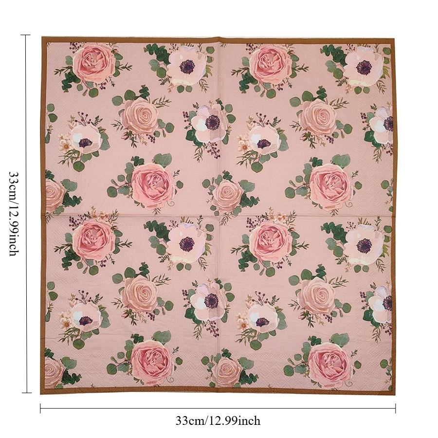 10/20 قطعة مناديل الأزهار خمر الوردي الوردي وطباعة شقائق النعمان مع الحدود البنية ، 3-Ply 33 سنتيمتر المناديل لديكور طاولة الحفلات الرومانسية