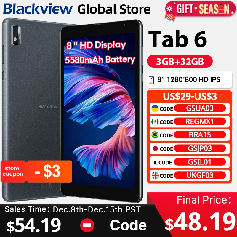 Blackview Tab 6  Tablet  8\'\' HD Display Unisoc T310  3GB 32GB 4G 3.5mm jack 5580mAh Battery GPS 5MP Camera Android 11 Pad PC