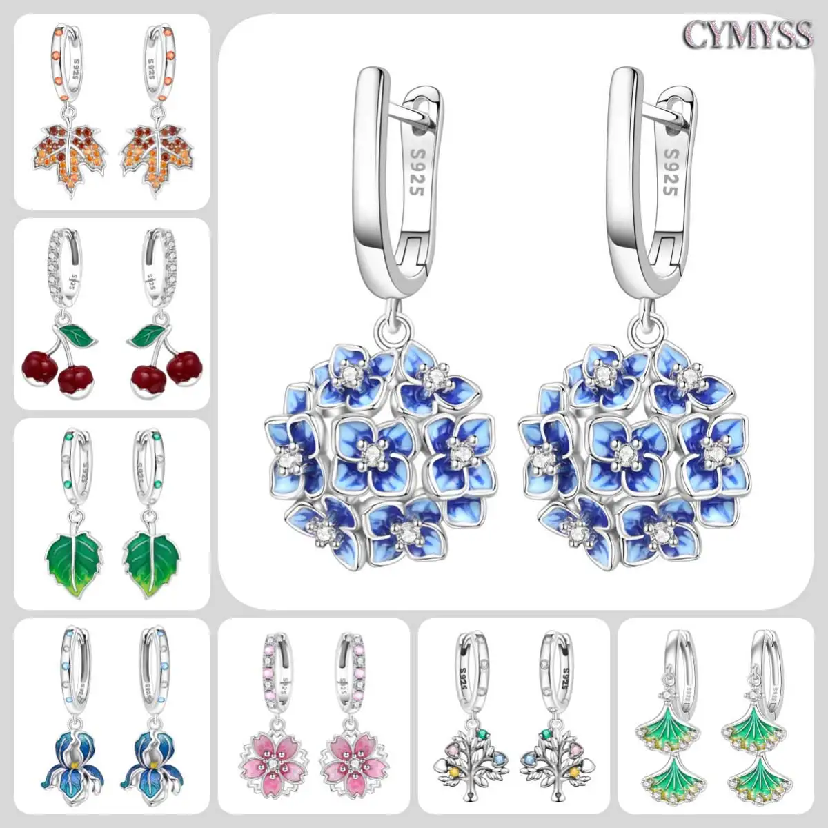 

Original S925 Sterling Silver Needle Blue Hydrangea Flower Earrings for Women's Wedding Fashion High Quality Jewelry Maple Leaf
