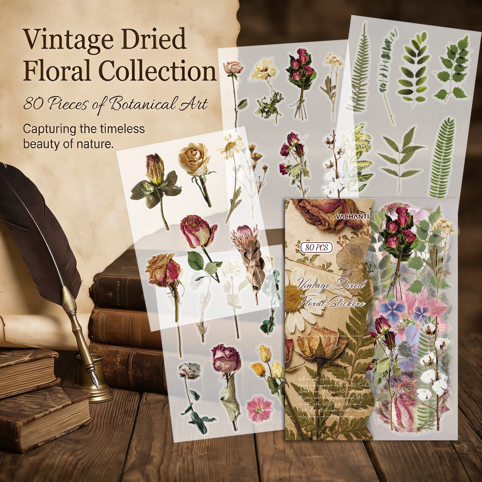 Journamm 80pcs PET Patterns Stickers Transparent Flower Plant Stickers Hand Made Decorative Junk Journal  Scrapbook Supplies
