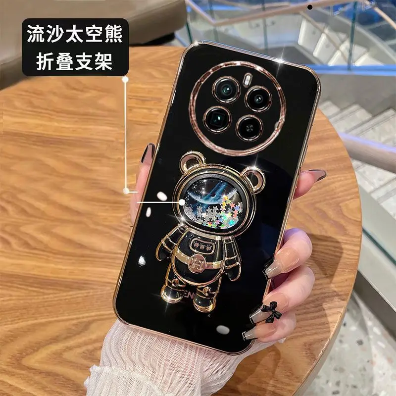 For Realme 12 Pro Plus Astronaut Quicksand Holder Phone Case For OPPO Realme 12 Pro+ 11 Pro Plating Stand Soft Silicone Cover