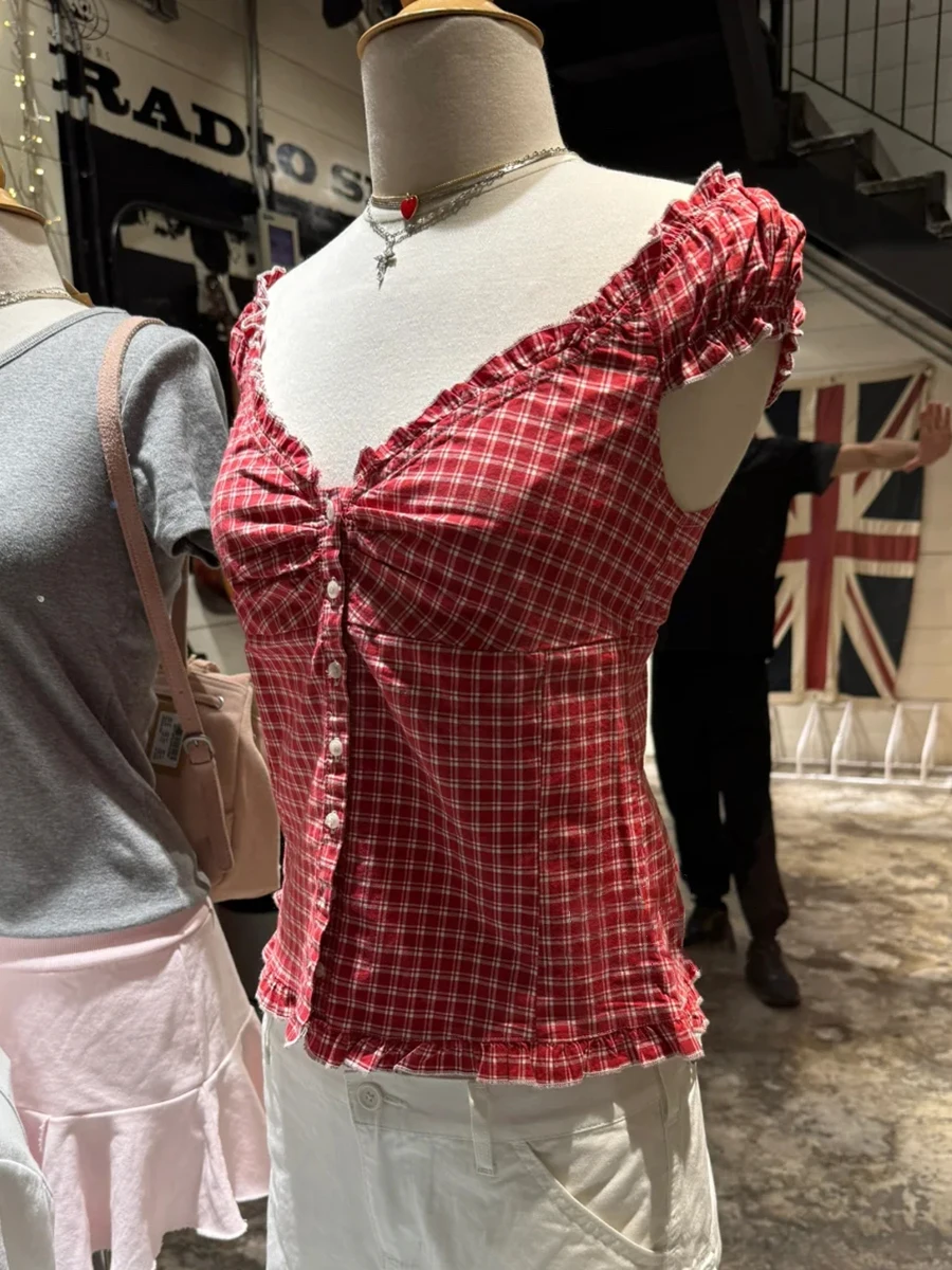 新作 レッド チェック柄 ヴィンテージ Tシャツ ブラウス レディース ラッフル Vネック シングルブレスト スリム ティー サマー カジュアル スイート コットン パフスリーブ シャツ