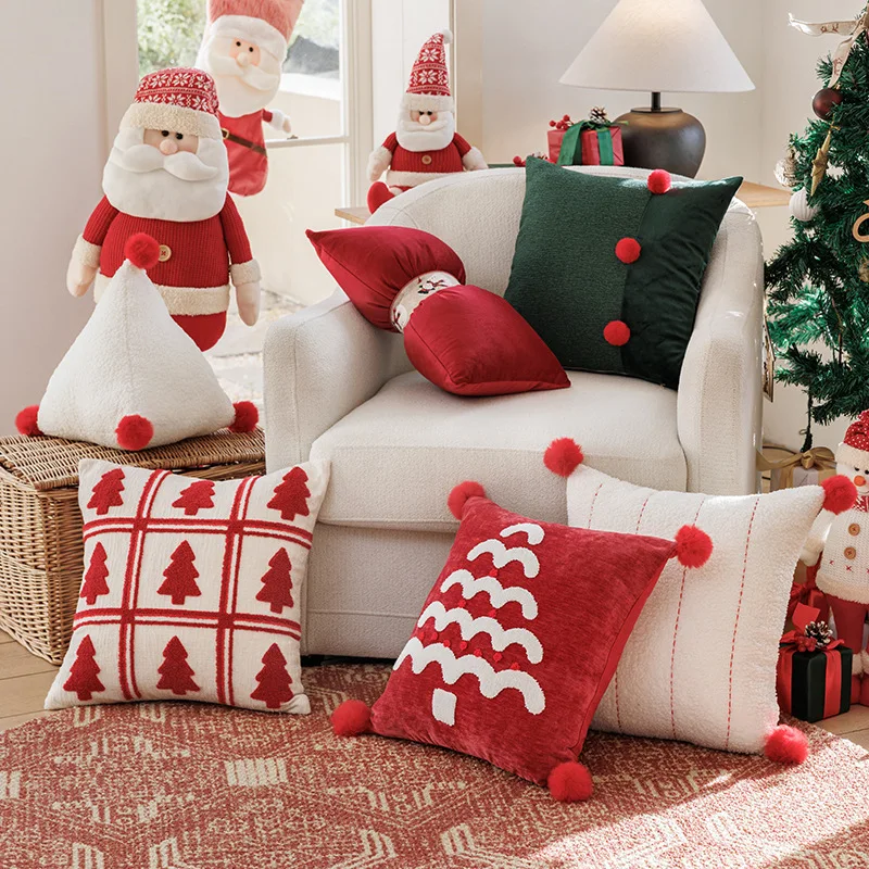3D Embroidery Christmas Cushion Cover Xmas Tree Reindeer Decorative Cushion Case for Sofa Living Room Holiday Party Home Decor