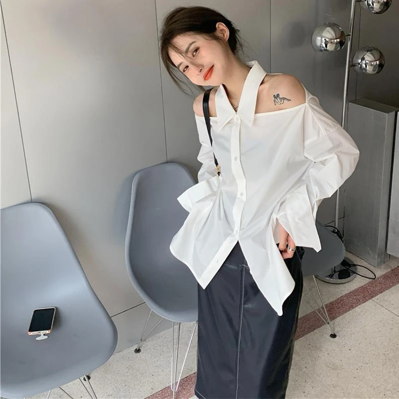 Y2K White Shirts Women Streetwear Sexy Halter Hollow Out Long Sleeve Blouse Korean Office Lady Elegant Off Shoulder Casual Tops