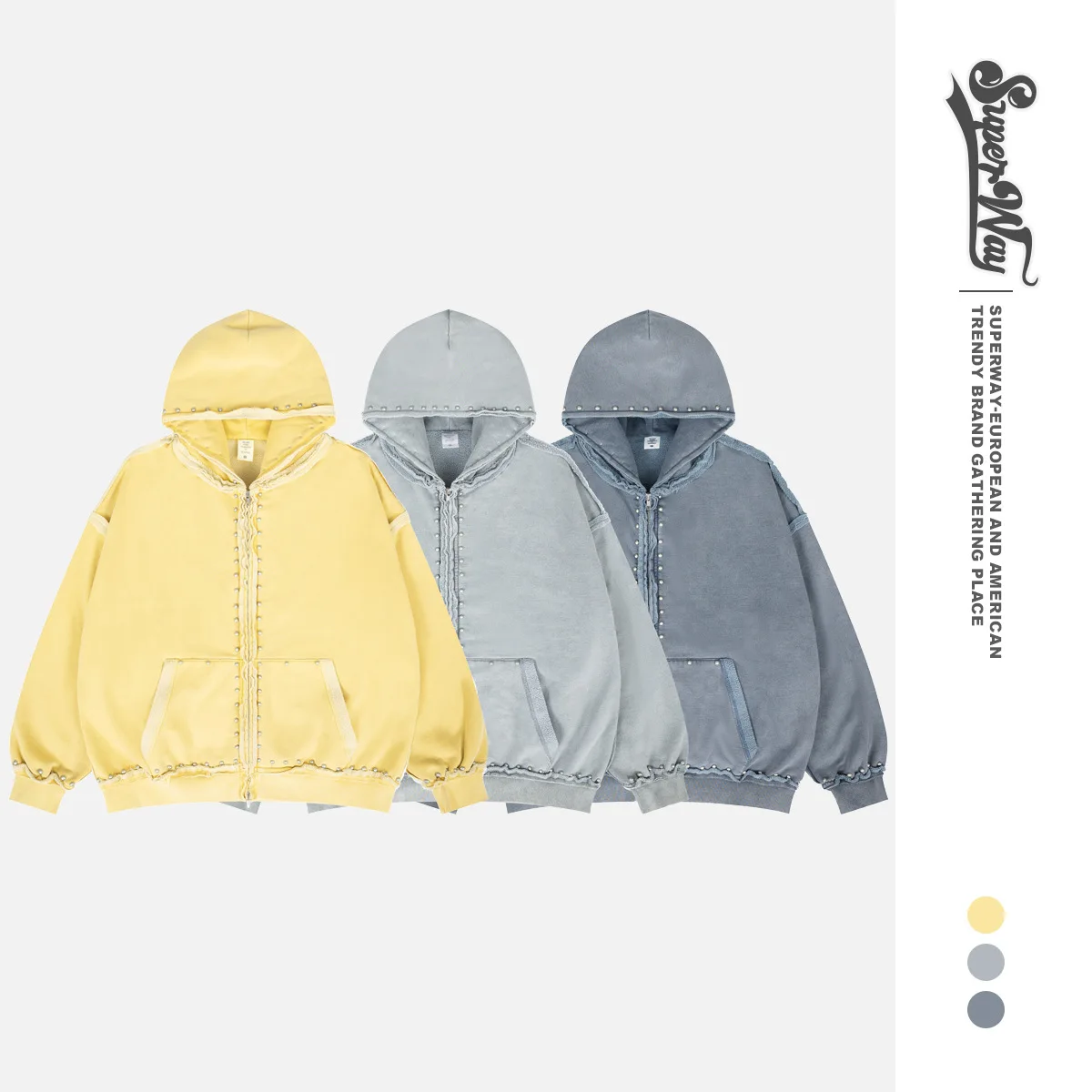 

Толстовки Super Way Washed Aged Rivet Grey Yellow Purple F-515 #