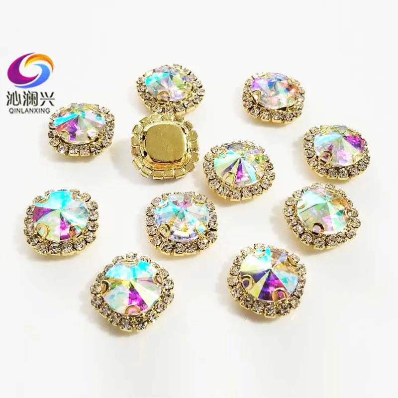 

AB Color Glass Crystal Rhinestones, Golden Bottom Round Shape Buckle, Used for Needlework, Diy/Clothing Sewing Accessories