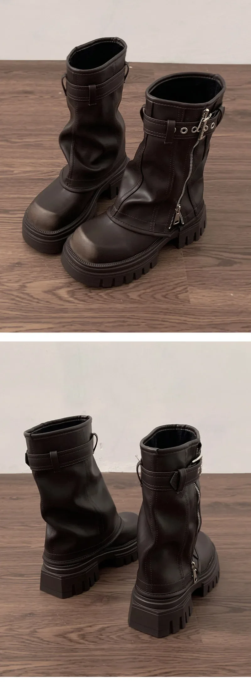 Winter Damen Biker Stiefel Mode Gürtelschnalle Elegante Plateau Flache Kurze Stiefeletten Lässige Damen Ritterstiefeletten – Detail 14