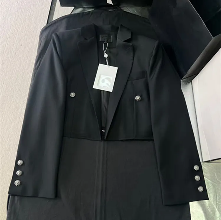 Customization European women's clothing - new styles for summer 2026 Long-sleeved black coat with slit skirt set
