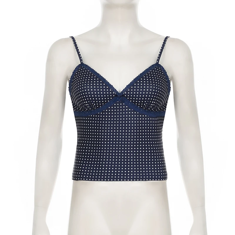 SUCHCUTE Coquette Retro Damen Polka Dot Camisole V-Ausschnitt Spitzenbesatz Spaghettiträger Gerafftes Slim Fit Blaues Y2K Ausgeh-Crop-Tanktop – Detail 4