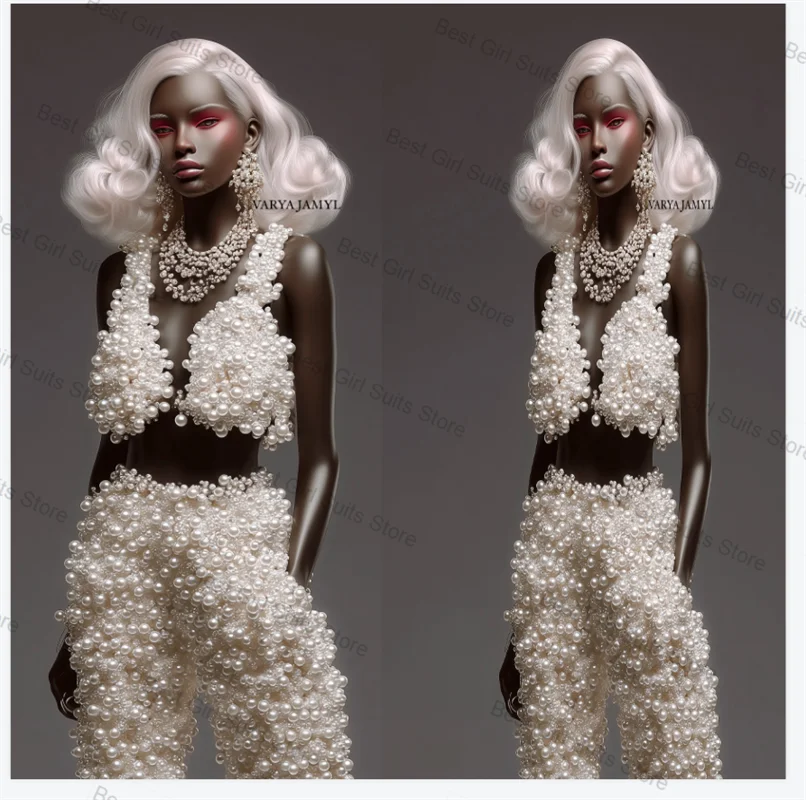 White Pearls Women Suit Pants Set 2 Pcs Top Bra+Trousers Sexy Formal Office Lady Jacket Customized Wedding Tuxedo(No Back Pearl)