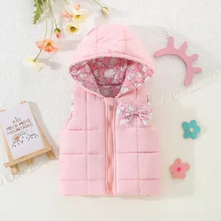 Preschool pink elephant printed cotton vest, children's hooded autumn and winter top coat