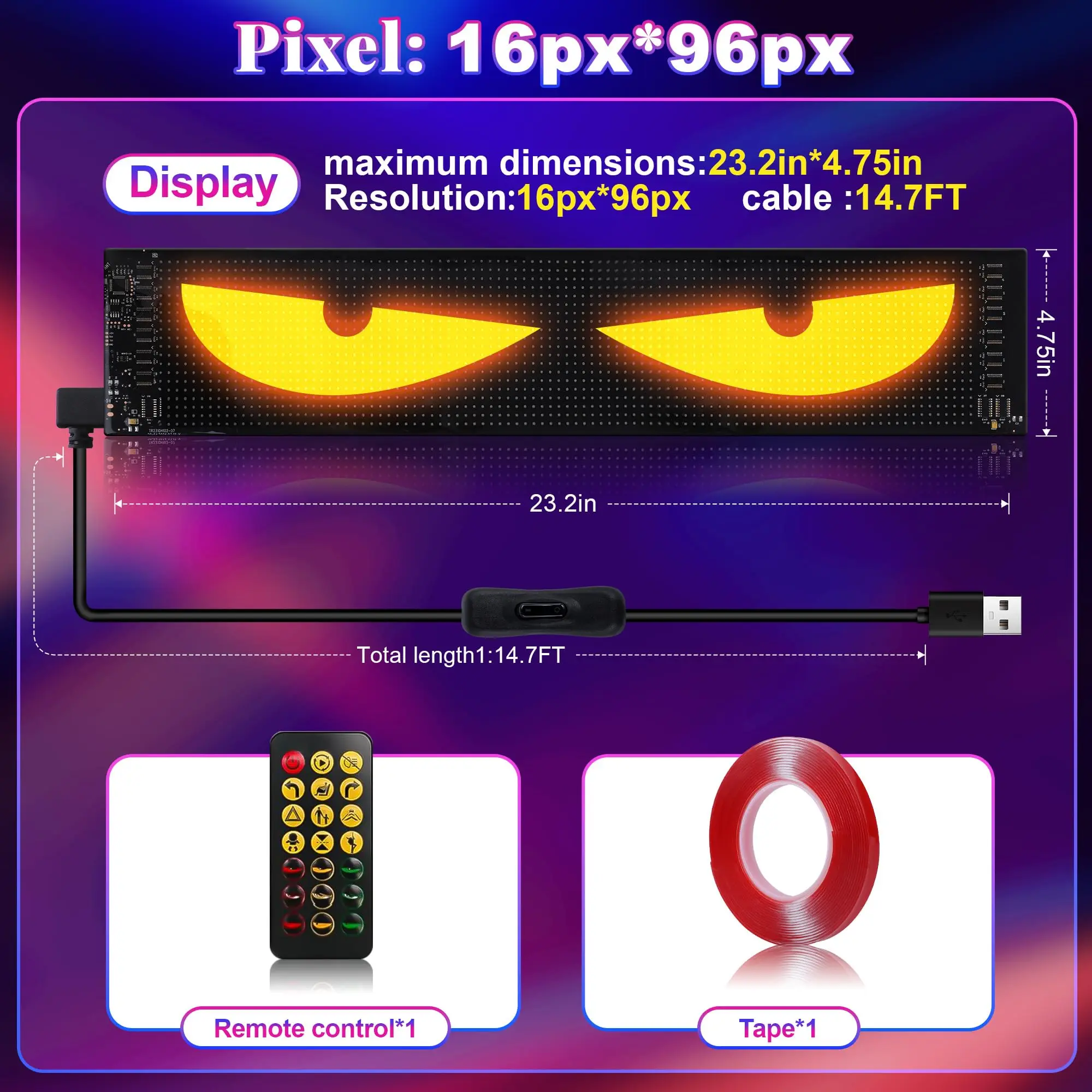 led Eyes Display 96x16 LED Sign 23.4"x4.73" USB 5V Programmable Scrolling Text/Animation | APP + Remote for Car/Store Ads