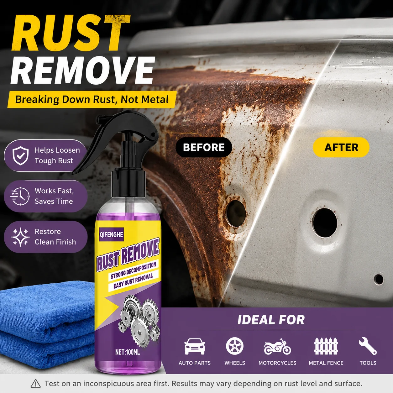 QIFENGHE Rust Remover Spray 100ml, Car Metal Rust Cleaner, Quick Dissolve Rust for Wheel Hub & Metal Parts, with Microfiber Towe