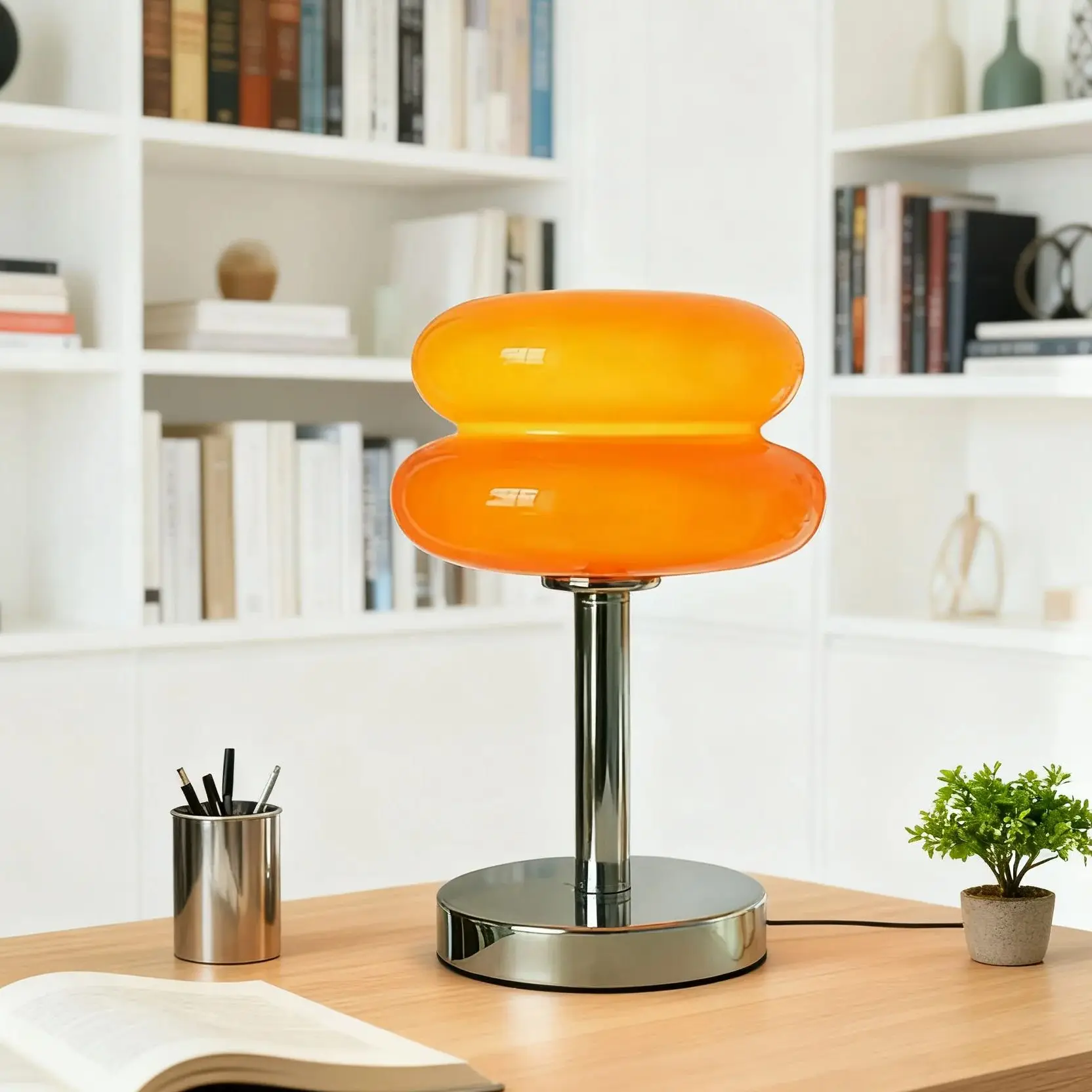 Lámpara LED de escritorio Burger de cristal rosa con cuerpo de hierro para sala de estudio, dormitorio y otras decoraciones para el hogar con enchufe USB