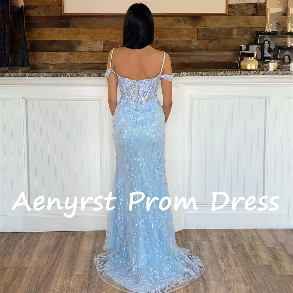 Aenyrst Sky Blue Off The Shoulder Lace Sequined Evening Dresses Mermaid Appliques Side Split Prom Gowns Floor Length Party Dress