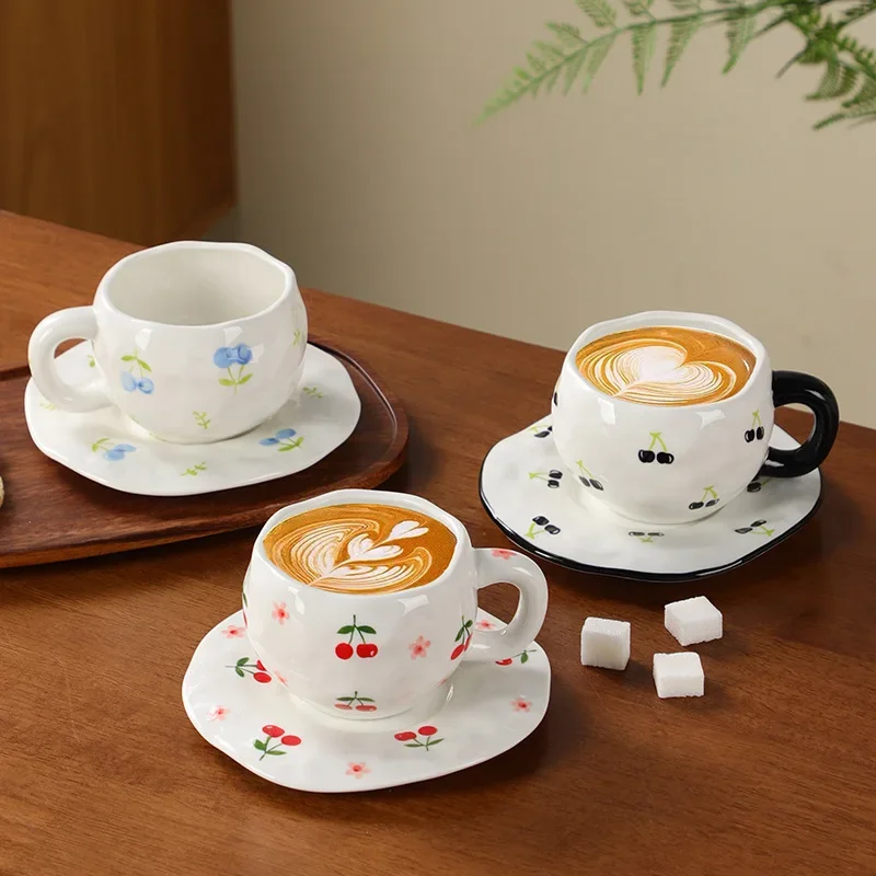 Creative irregular export hand-painted cherry underglaze ceramic coffee cup and saucer set high value