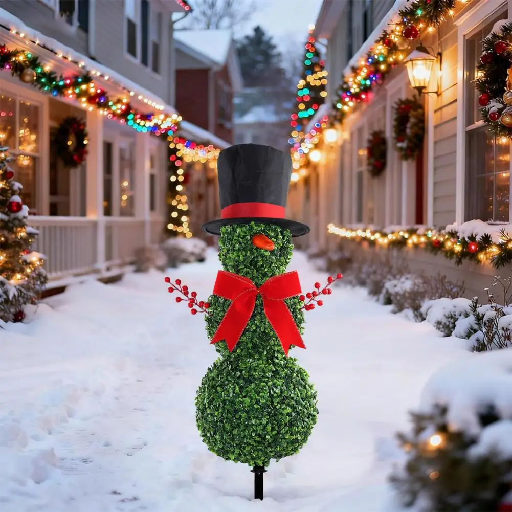 Artificial Snowman Hedge Christmas Snowman Topiary Tree 31 with Bow Santa Hat Artificial Faux Boxwood Triple Ball for Porch