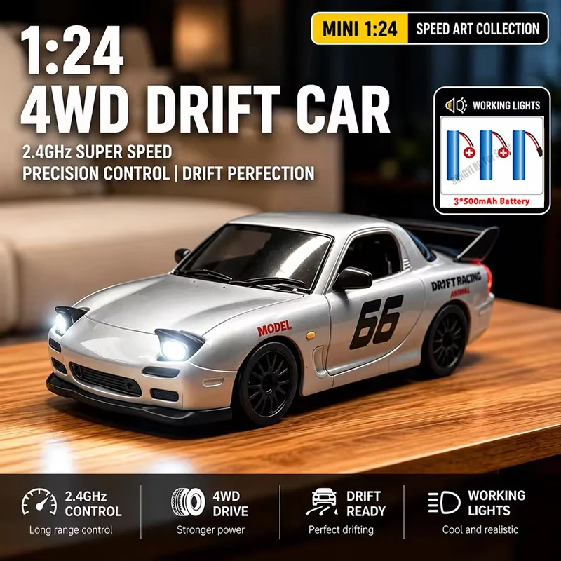 New 4WD 1:24 Scale RC Drift Car 2.4GHz 30KM/H High Speed M4 Racing Sport Toy Car LED Lights with Extra Tires Toy Kid Adult Gifts