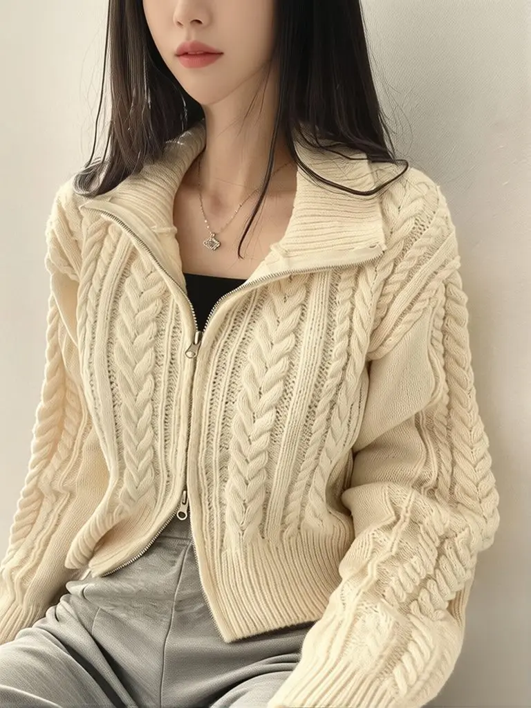 Knit Vintage Twist Zip Up Crop Jacket Women Turn Down Collar Cardigan Short Coat Long Sleeve Double Zipper Spring Fall Outwear