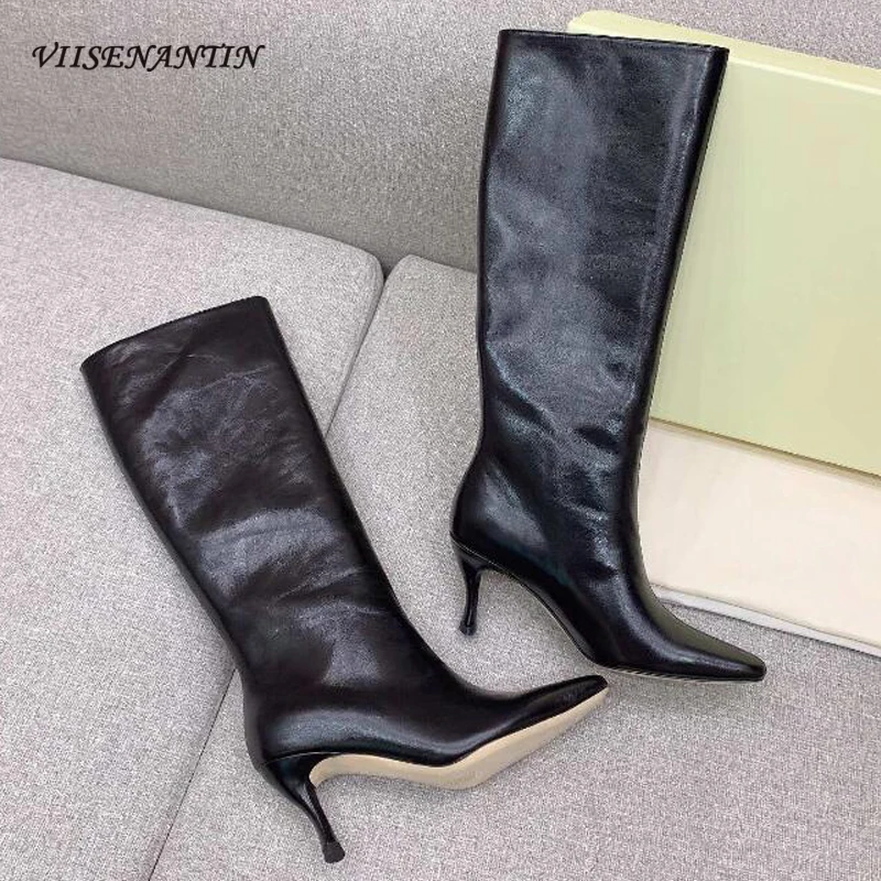 

Winter New Women Knee High Boots Sexy Pointed Toe Thin High Heels Slip on Genuine Leather Solid Concise Ladies Party Dress Shoes