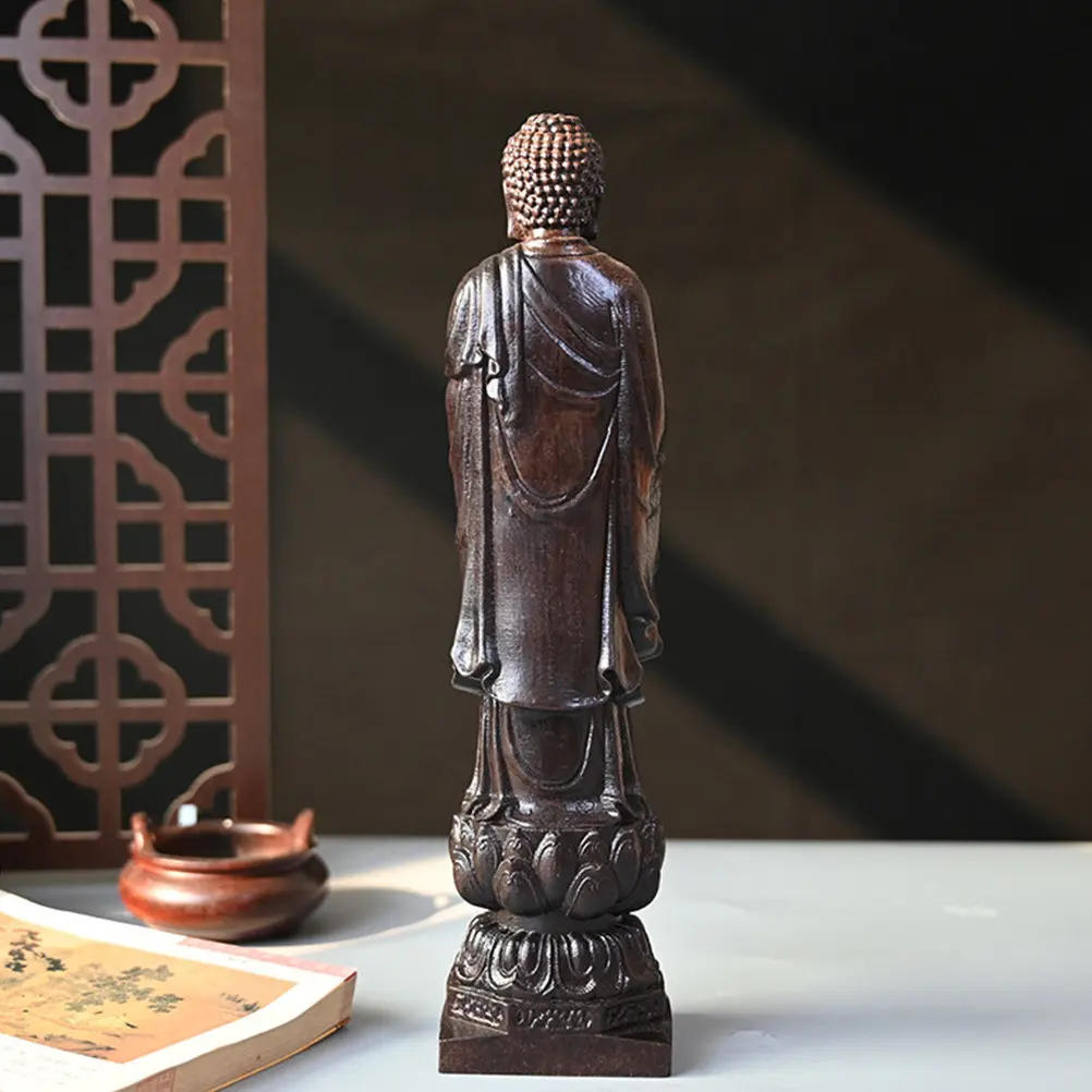 Wood Buddha Standing on Lotus Statue Retro Desktop Buddha Decor Exquisite Wood Sculpture Home Decoration Buddhist Gift - view 2