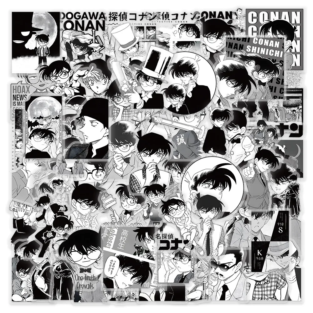 مجموعة ملصقات مكونة من 62 قطعة من المحقق كونان باللونين الأبيض والأسود - شارات الرسوم المتحركة الغامضة للهاتف والكمبيوتر المحمول