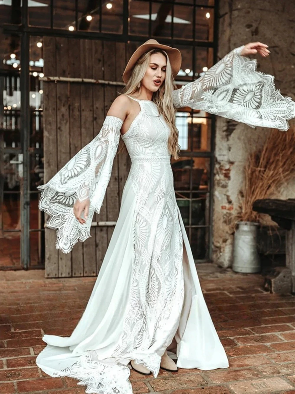 Charming Lace Boho Wedding Dress2024 Charming Bridal Gown Elegant Off-Shoulder Floor-Length Bride Robe Vestidos De Novia