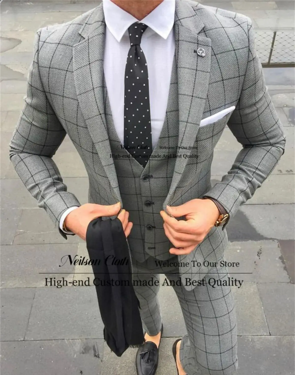 

Grey Plaid Male Prom Blazers 3 Pieces Sets Notched Lapel Groom Wedding Tuxedos Slim Fit Customized Business Terno Masculino