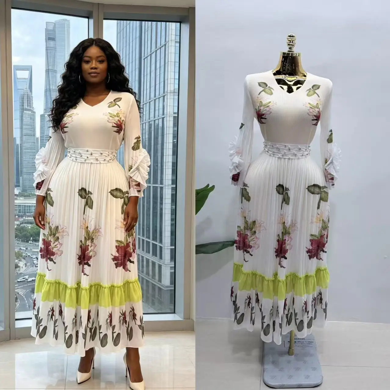 2026 Summer New Women's African Long Dress Hand-cranked Flower Miyake Pleated Long Hand-cranked Flower V-neck Loose Dress