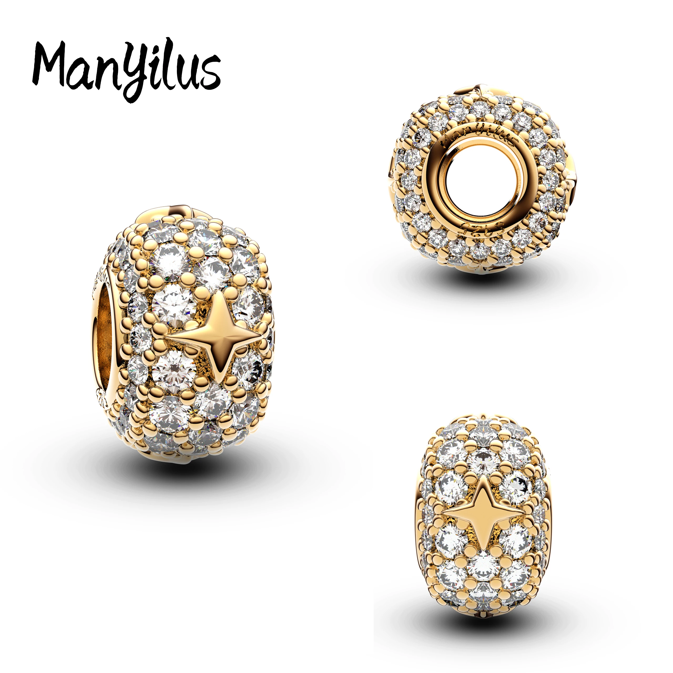 925 Sterling Silver Gold Plated Sparkling Charms Large Hole Beads Fit for European Snake Chain Bracelet Women Jewelry
