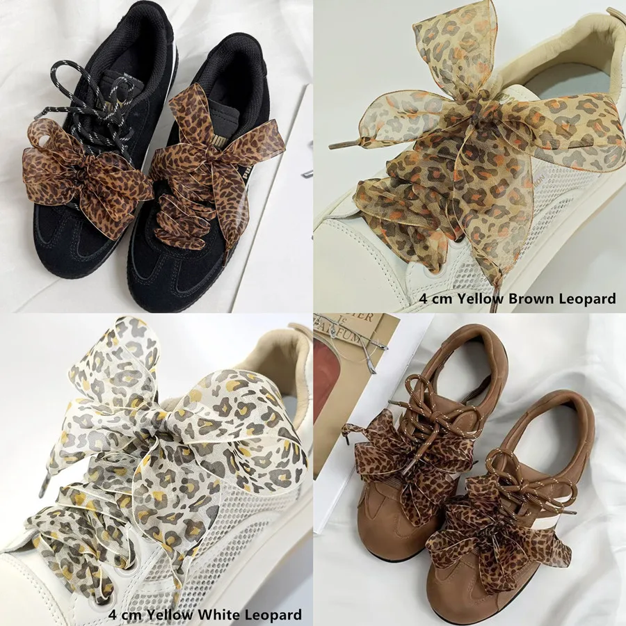 Pink Brown Leopard Print Organza Mesh Bow Shoelaces DIY Refit Accessories for Chunky Sneakers Casual Leather Shoes DE Trainers