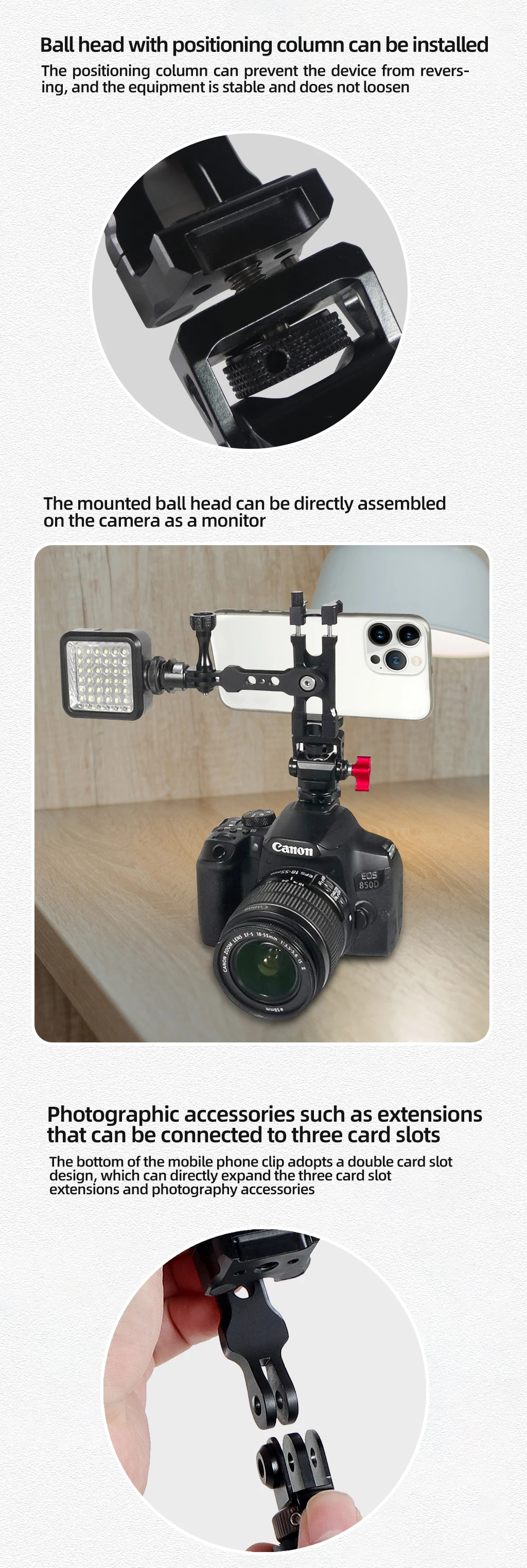 Handy-Ständer halter 360-Grad-Drehung Stativ adapter Kalt schuh 1/4 "Halterung für Smartphone Vlog Selfie Stick Lichter stehen – Detail 8