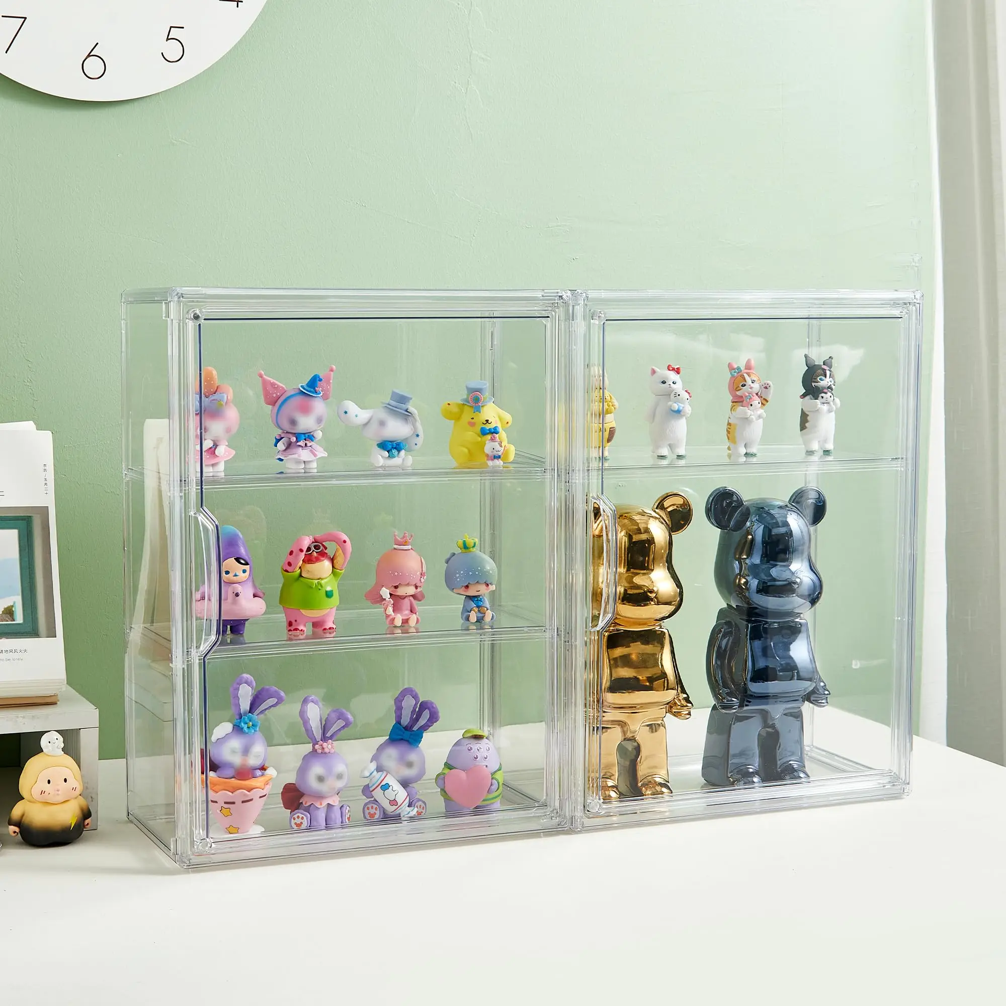 Acrylic Display Case Wall Mountable Tabletop Magnetic Door 2 Removable Partitions 3 Layer Clear Showcase for Collectibles Figurines 10.6 X 5.5 X 14.25 Inch Easy Assemble No Drilling Space Saving Dual Use with Invisible Adhesive Buckles