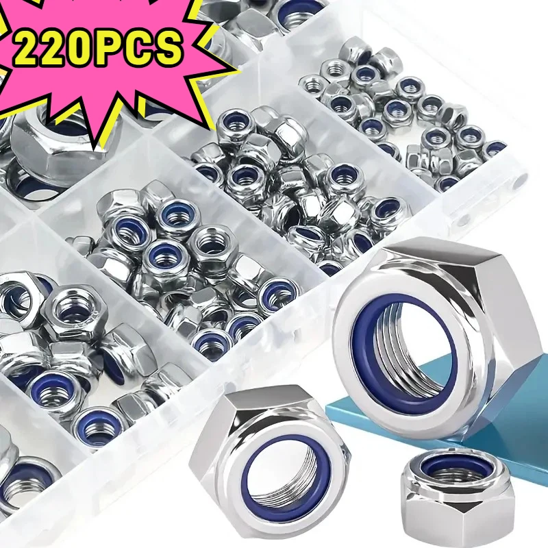 220pcs Stainless Steel Lock Nut Set Nylon Inserts Hex Nuts M3 M4 M5 M6 M8 M10 M12 Hexagon Self-locking Nylock Nut Locknuts
