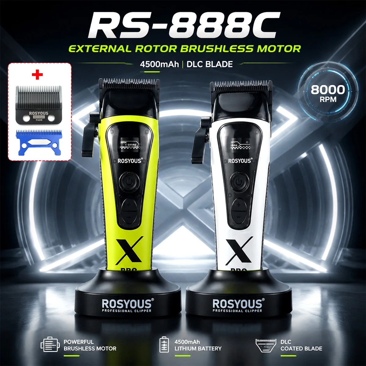 ROSYOUS RS-888C Men's Hair Clipper 8000RPM DLC Blade with Dock External Rotor Brushless Motor Professional Hair Cutting Machine