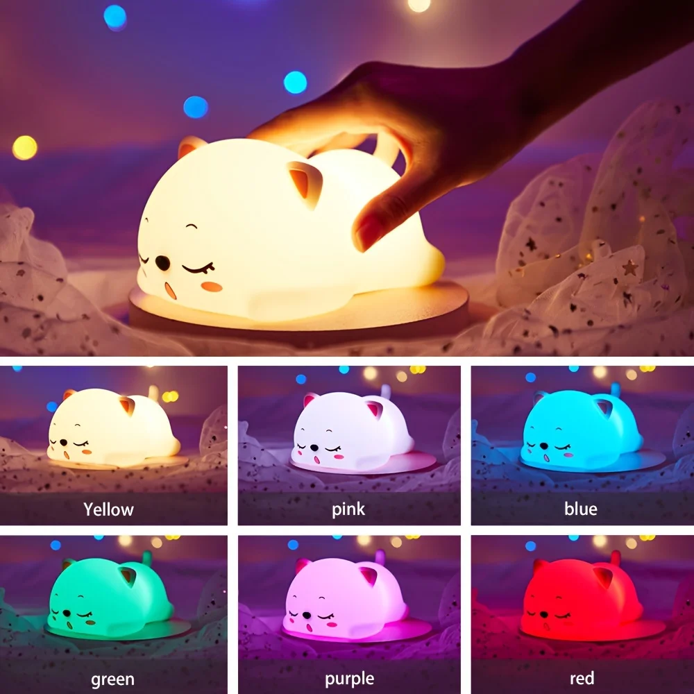 Cartoon Led Night Light 16 Colors Touch Control Charge Bedside Lamp Snoring Cat Silicone Lamp Colorful Creativity Birthday Gift