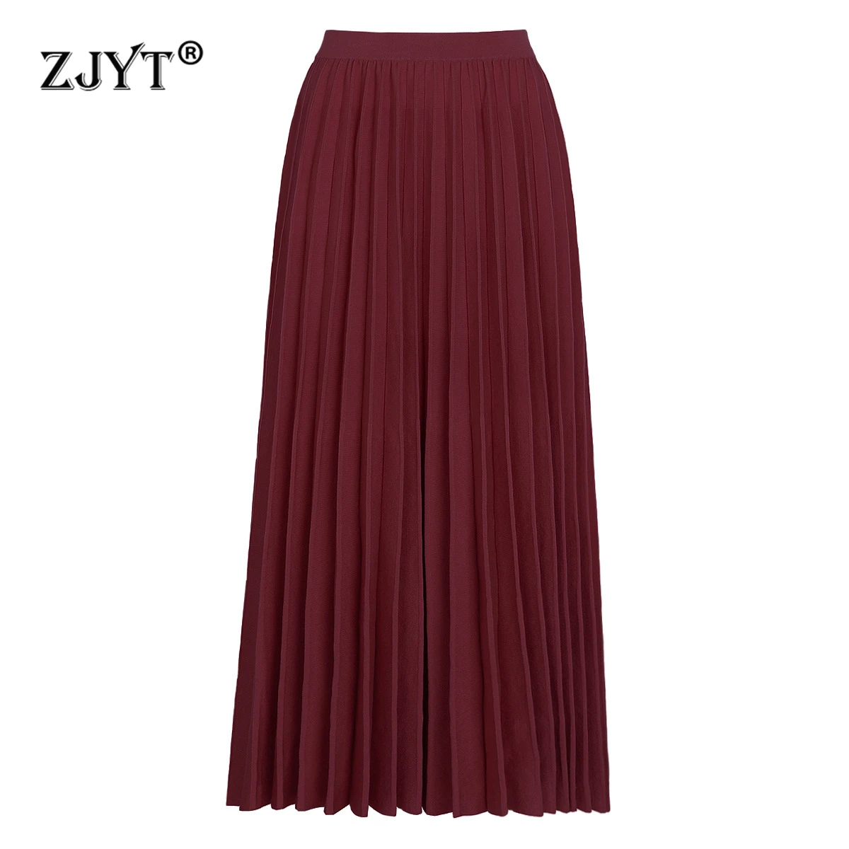 ZJYT ربيع الخريف ميدي مطوي محبوك التنانير للنساء 2026 موضة مرونة الخصر تنورة غير رسمية حفلة أنثى Faldas الأحمر #1