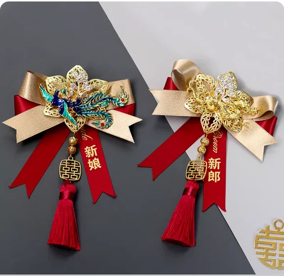 

Свадебный корсаж для невесты и жениха, китайский свадебный семейный красный полный комплект женихов, подружек невесты, лацкан для родителей.