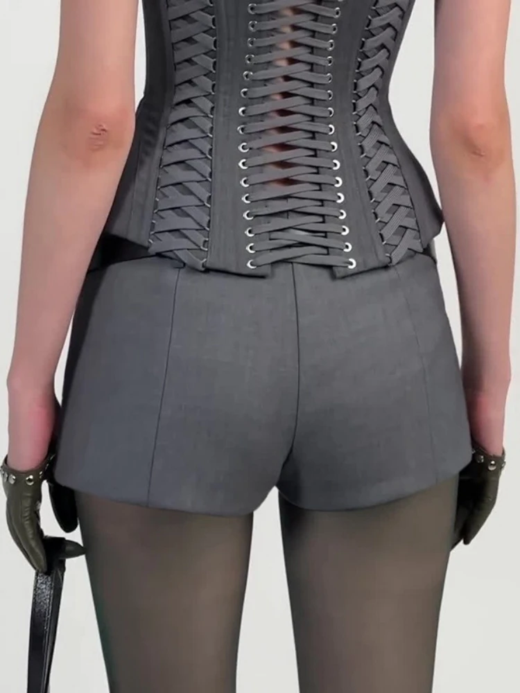 Slim Fit 2 Piece Sets Womens Outfits Neck-mounted Bandage Zipper Crop Top For Women Belt Mini Shorts Femme Conjunto Femenino