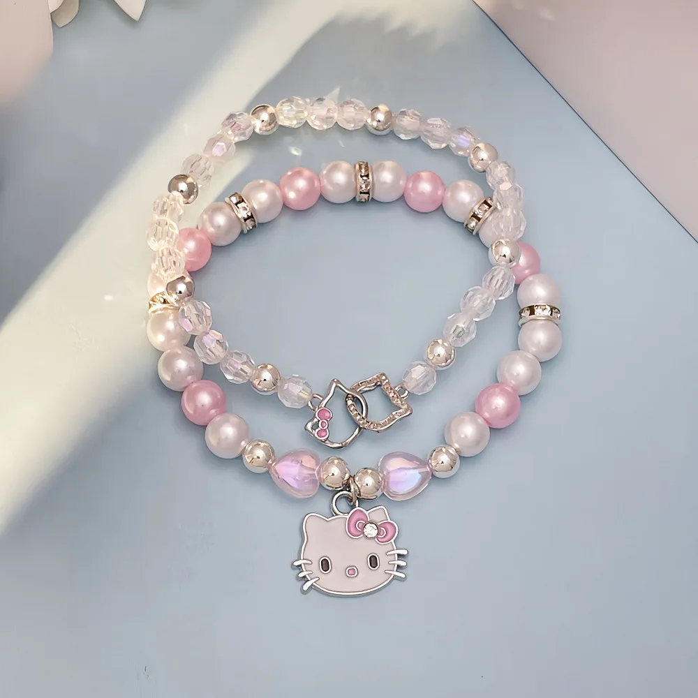 2PCS Kawaii Hello Kitty Bracelet Set Sanrio Crystal Beads Jewelry Gift for Girls Cute Anime Pendant Accessory