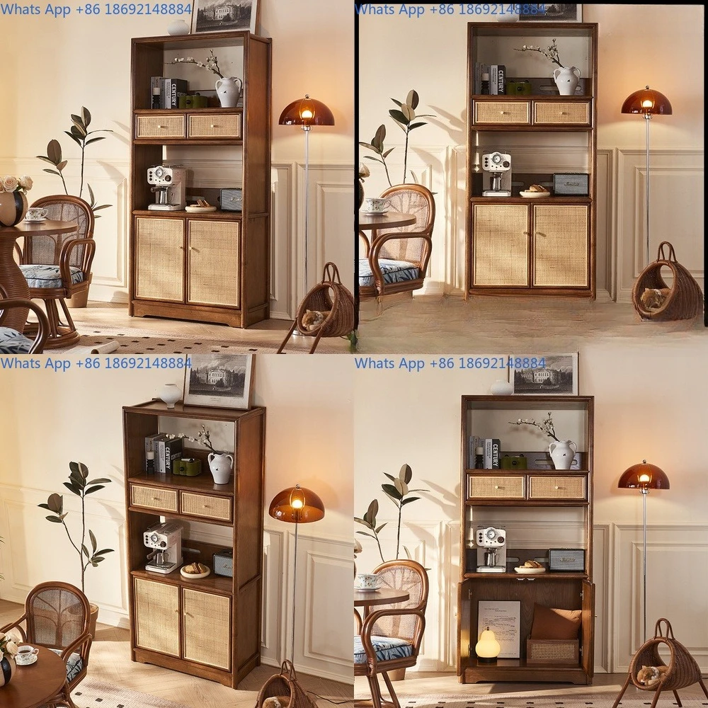 

Solid Wood Woven Sideboard with Drawers Minimalist Storage Cabinet for Small Spaces High Cabinet with Dual Doors