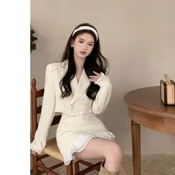 Temperament Celebrity Suit Jacket A-line Skirt Two-piece Set Women Korean Lace Patchwork Lapel Irregular Sweet Solid Slim Set