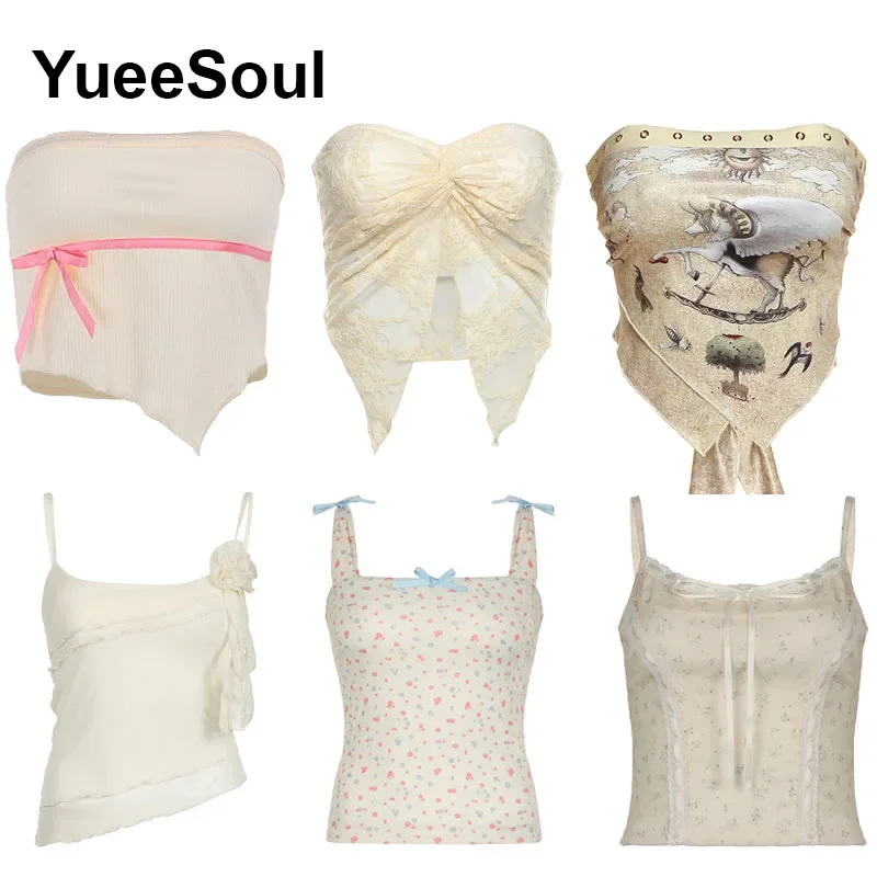 Sweet Cute Beige Crop Tops Sleeveless Sexy Corest Top 2024 Summer New Fashion 2000s Y2K Fairycore High Street Casual Tank Tops