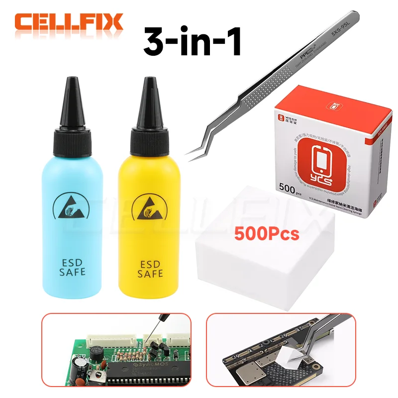 ESD Alcohol Bottle 60ml YCS-HM01 Nano Cleaning Sponge 500pcs and Chip Tin Special Tweezers for Electronic Circuit Board Repair