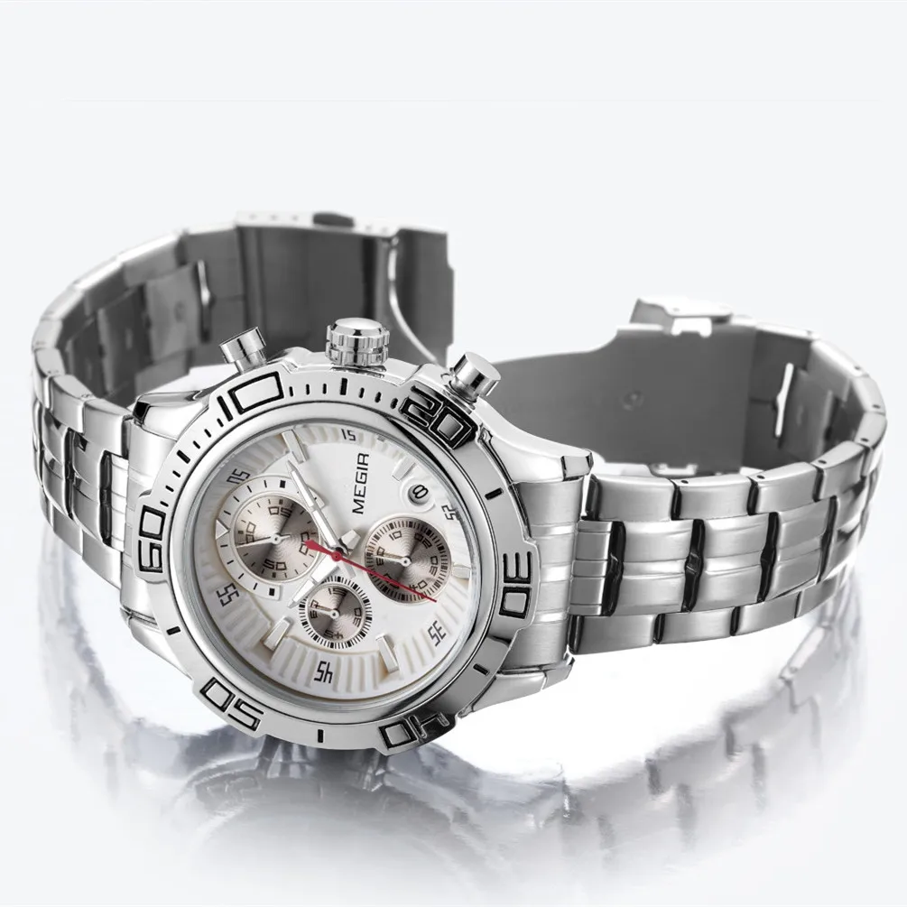 MEGIR 2019 Classic Men Watch Solid Stainless Steel Band Chronograph Calendar Luminous Hands Waterproof Quartz Watches