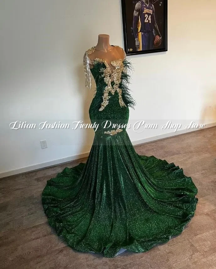 Emerald Green Mermaid African Evening Formal Dress Luxury Gilter Crystal Feather Fishtail Prom Engagement Gown 2025 gala Custom