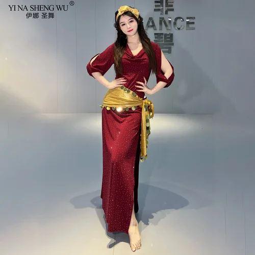 Imagen 1 del producto Traje de actuación de danza del vientre para mujer, traje de práctica, bata folclórica, turbante, cadena de cintura, conjunto de 3 uds, traje de baile profesional