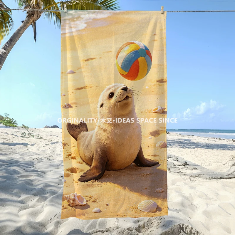 Cute Sea Lion Play Beach Towel Patterned Sunscreen And Windproof Suitable For Swimming Pool Camping Travel