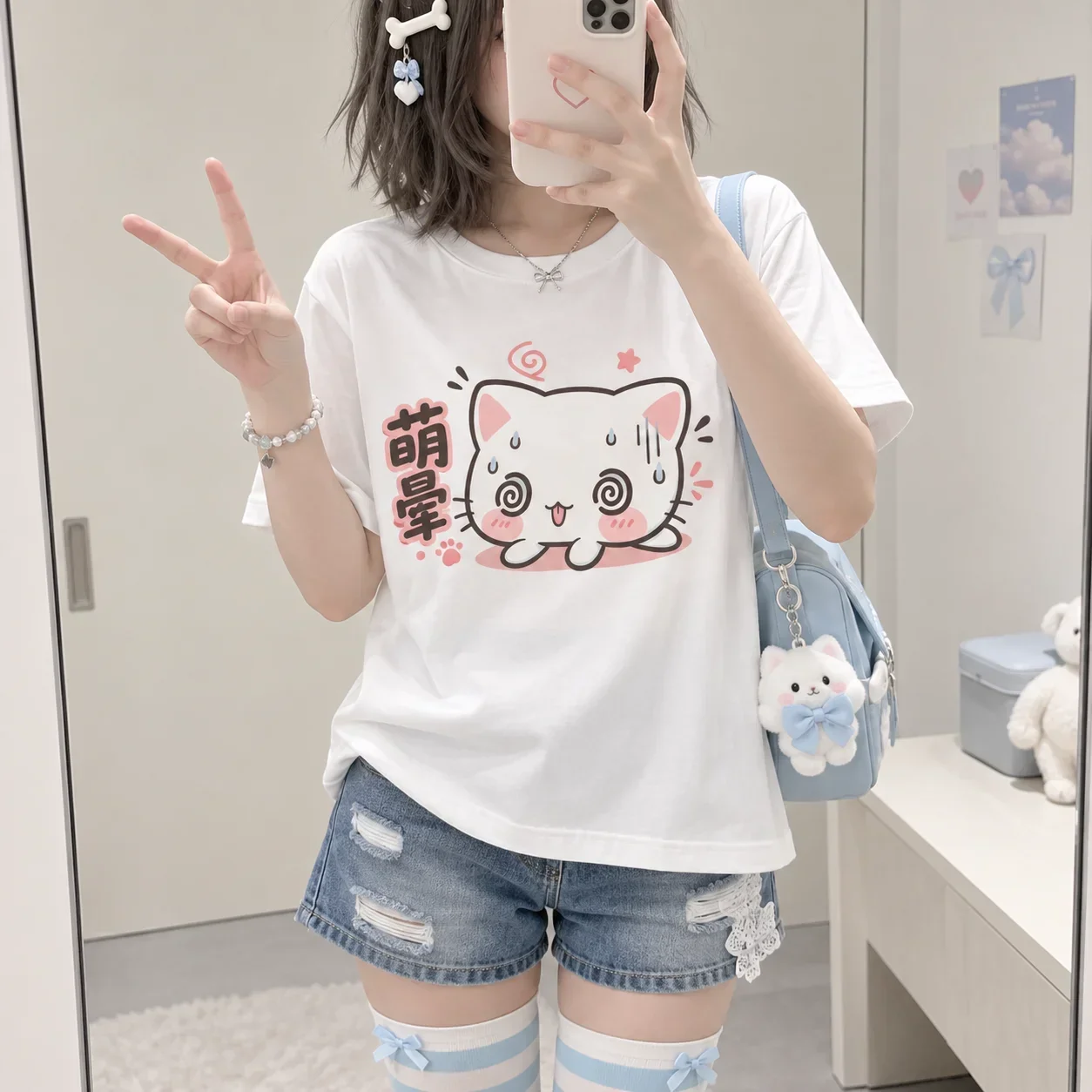 Women T-Shirt 100% Heavyweight Cotton Y2K Kawaii Style Breathable Casual Streetwear Teen Girls Dizzy Cat Cartoon Graphic Tee