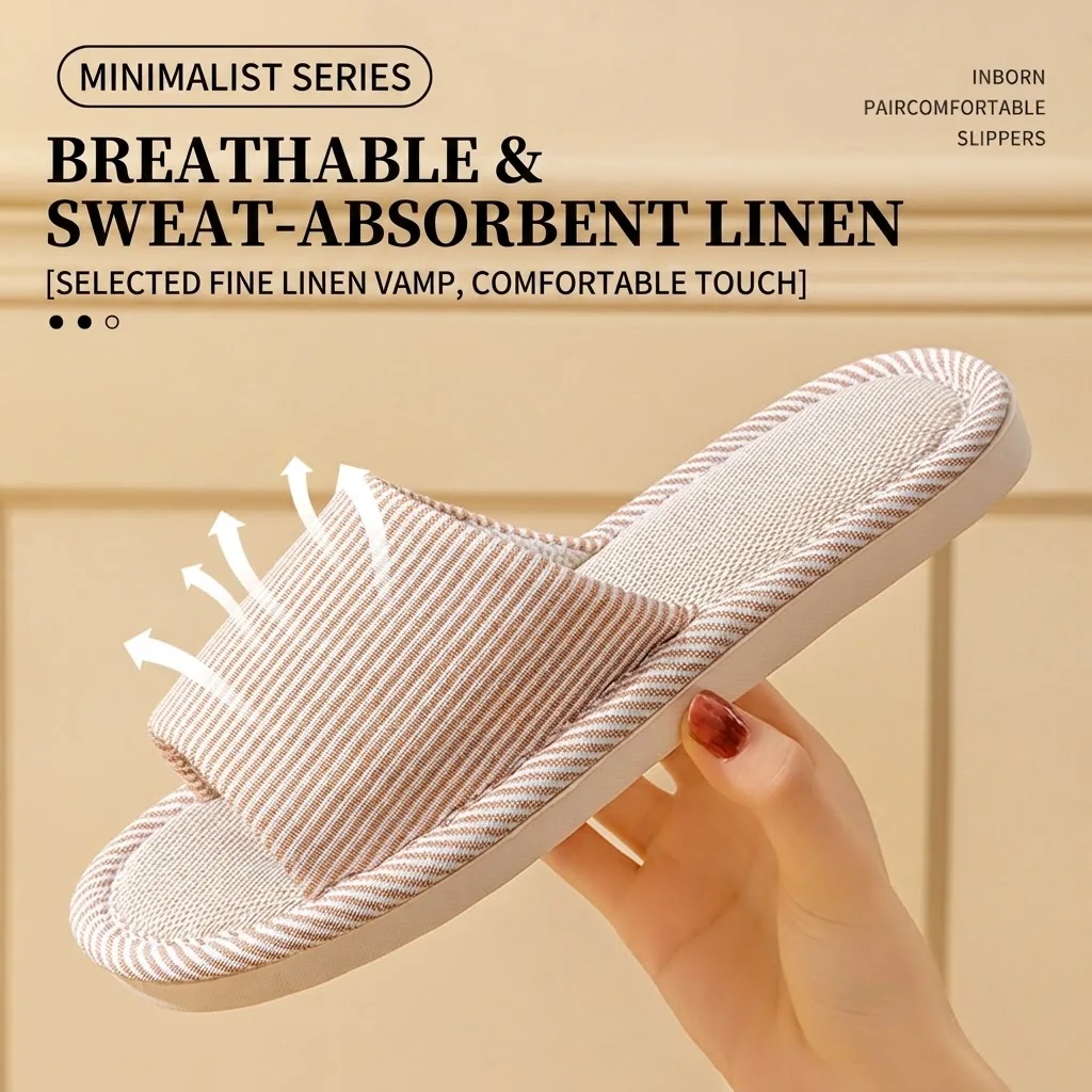 Breathable Flax Linen Slippers Women Men Striped Open Toe Indoor Slides Non-Slip Soft Sole Sweat Absorbing Home Floor House Shoe - view 3